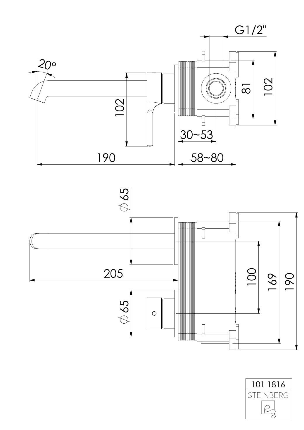 Steinberg Wand-Waschtischarmatur Ausladung 190 mm inklusive Grundkörper Chrom