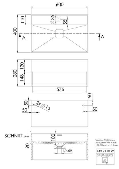 Steinberg Serie 443 - Wandwaschtisch - aus Solid Surface - weiß