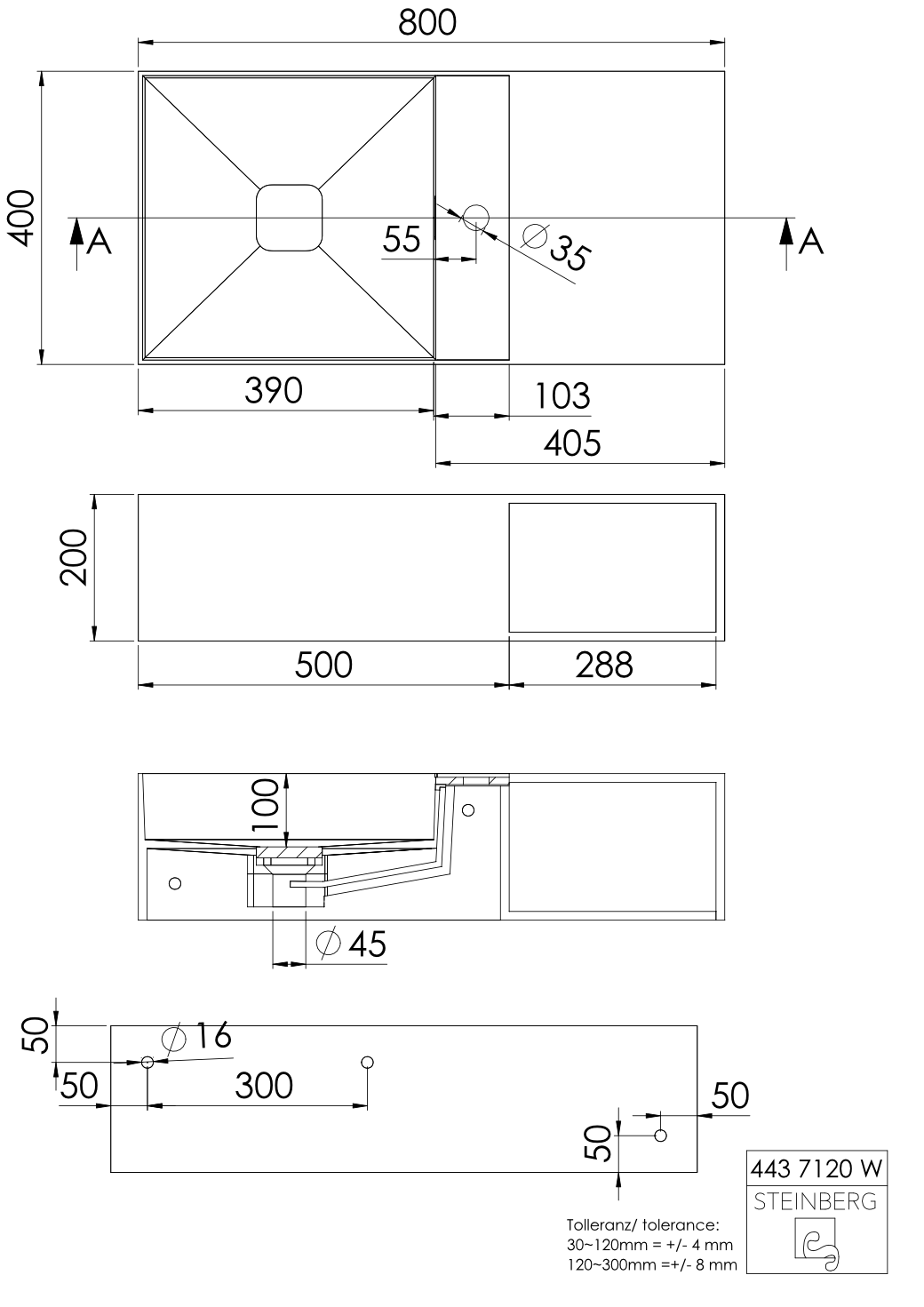 Steinberg Serie 443 - Wandwaschtisch - aus Solid Surface - weiß