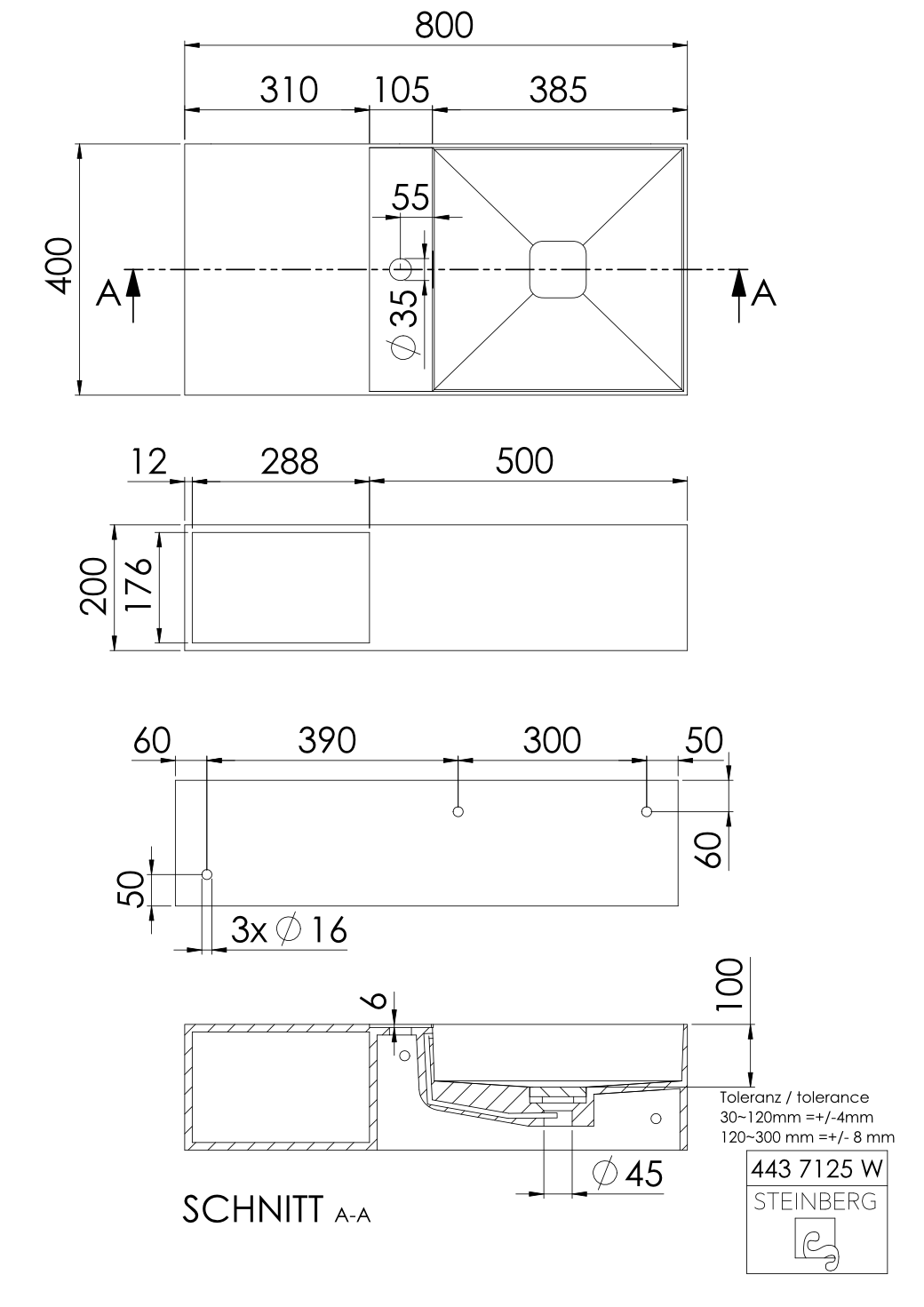 Steinberg Serie 443 - Wandwaschtisch - aus Solid Surface - weiß