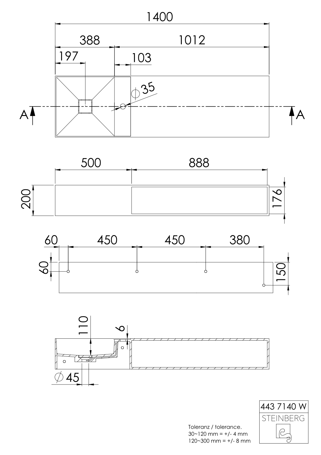 Steinberg Serie 443 - Wandwaschtisch - aus Solid Surface - weiß