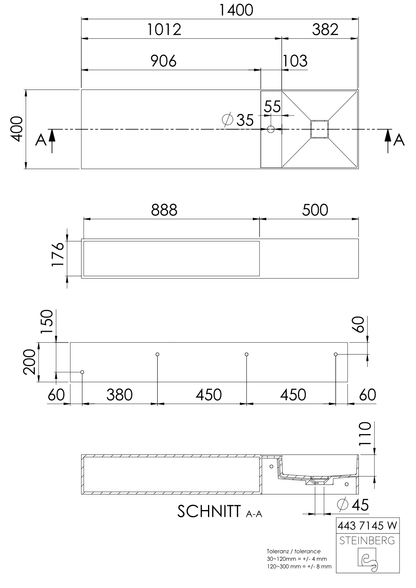 Steinberg Serie 443 - Wandwaschtisch - aus Solid Surface - weiß