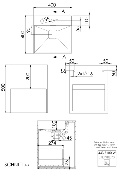 Steinberg Serie 443 - Wandwaschtisch - aus Solid Surface - weiß