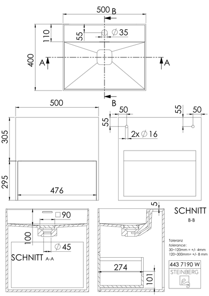 Steinberg Serie 443 - Wandwaschtisch - aus Solid Surface - weiß