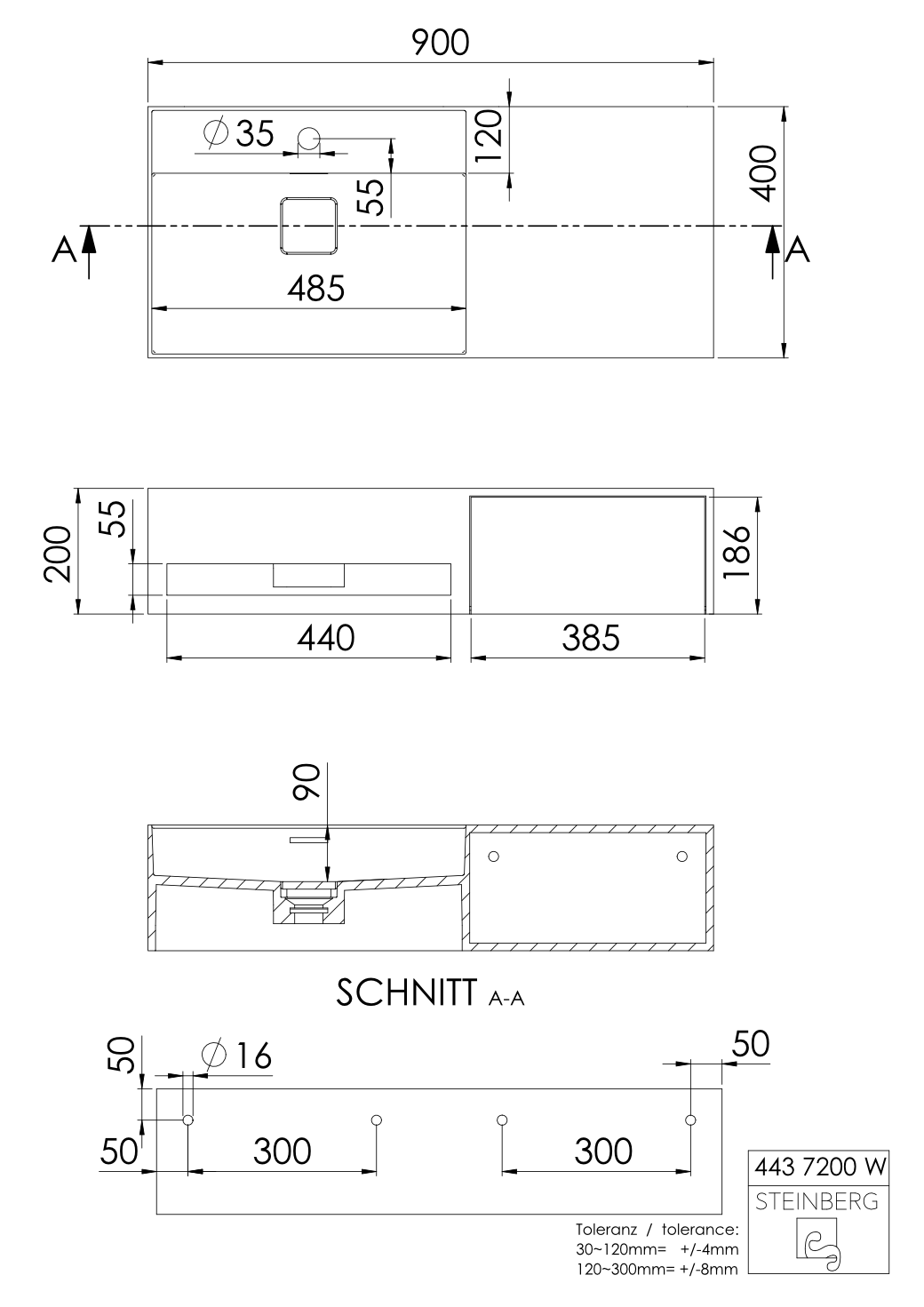 Steinberg Serie 443 - Wandwaschtisch - aus Solid Surface - weiß