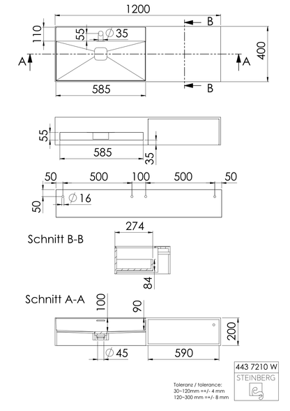 Steinberg Serie 443 - Wandwaschtisch - aus Solid Surface - weiß