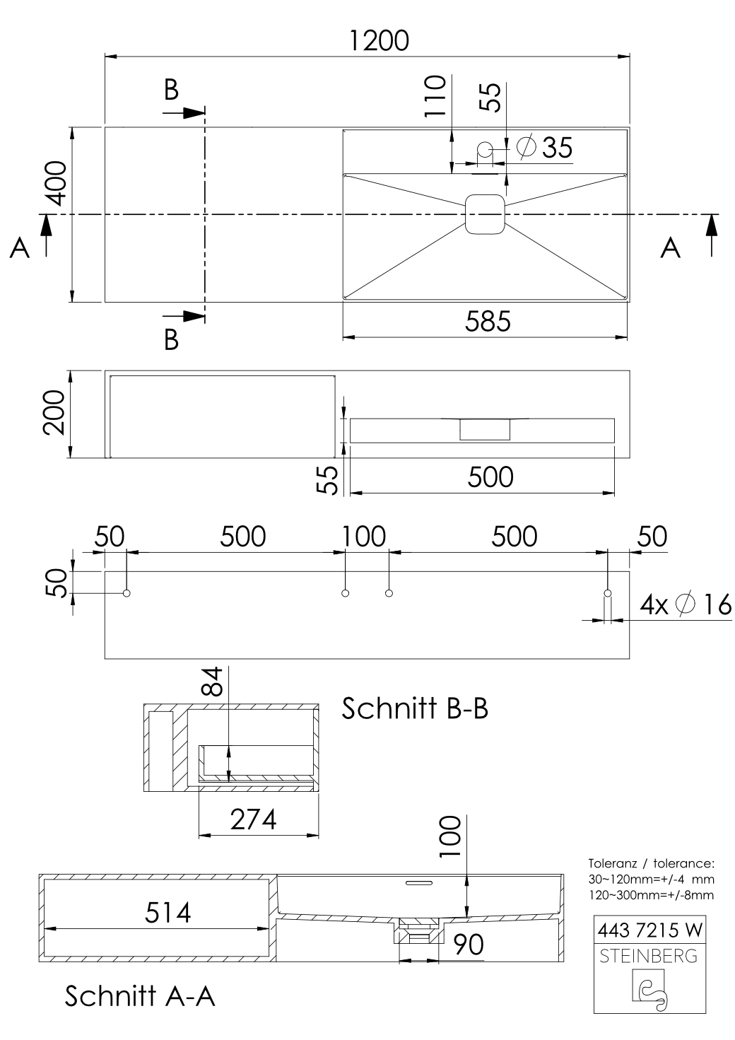 Steinberg Serie 443 - Wandwaschtisch - aus Solid Surface - weiß