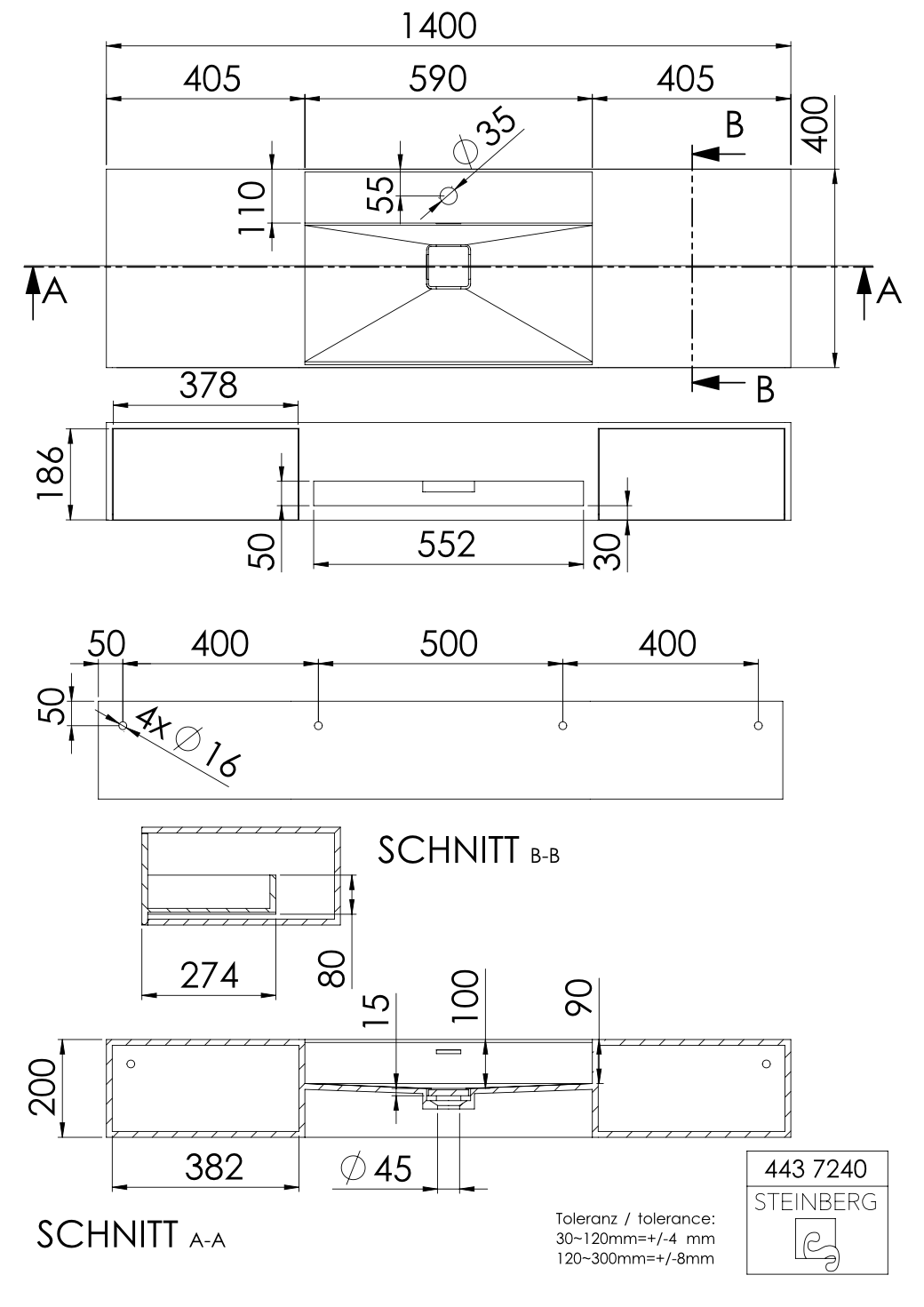 Steinberg Serie 443 - Wandwaschtisch - aus Solid Surface - weiß