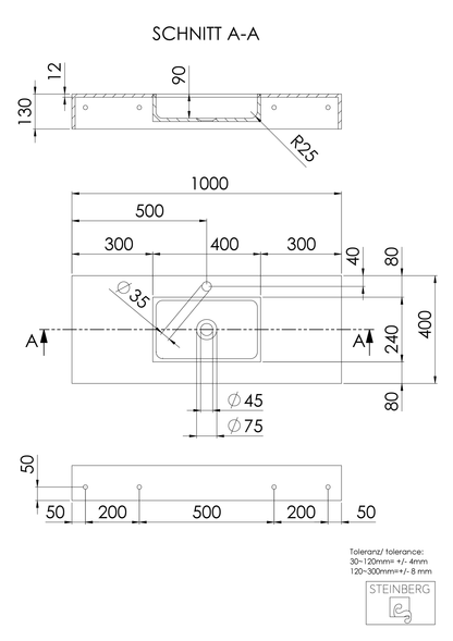 Steinberg Serie 444 - Wandwaschtisch - aus Solid Surface - weiß