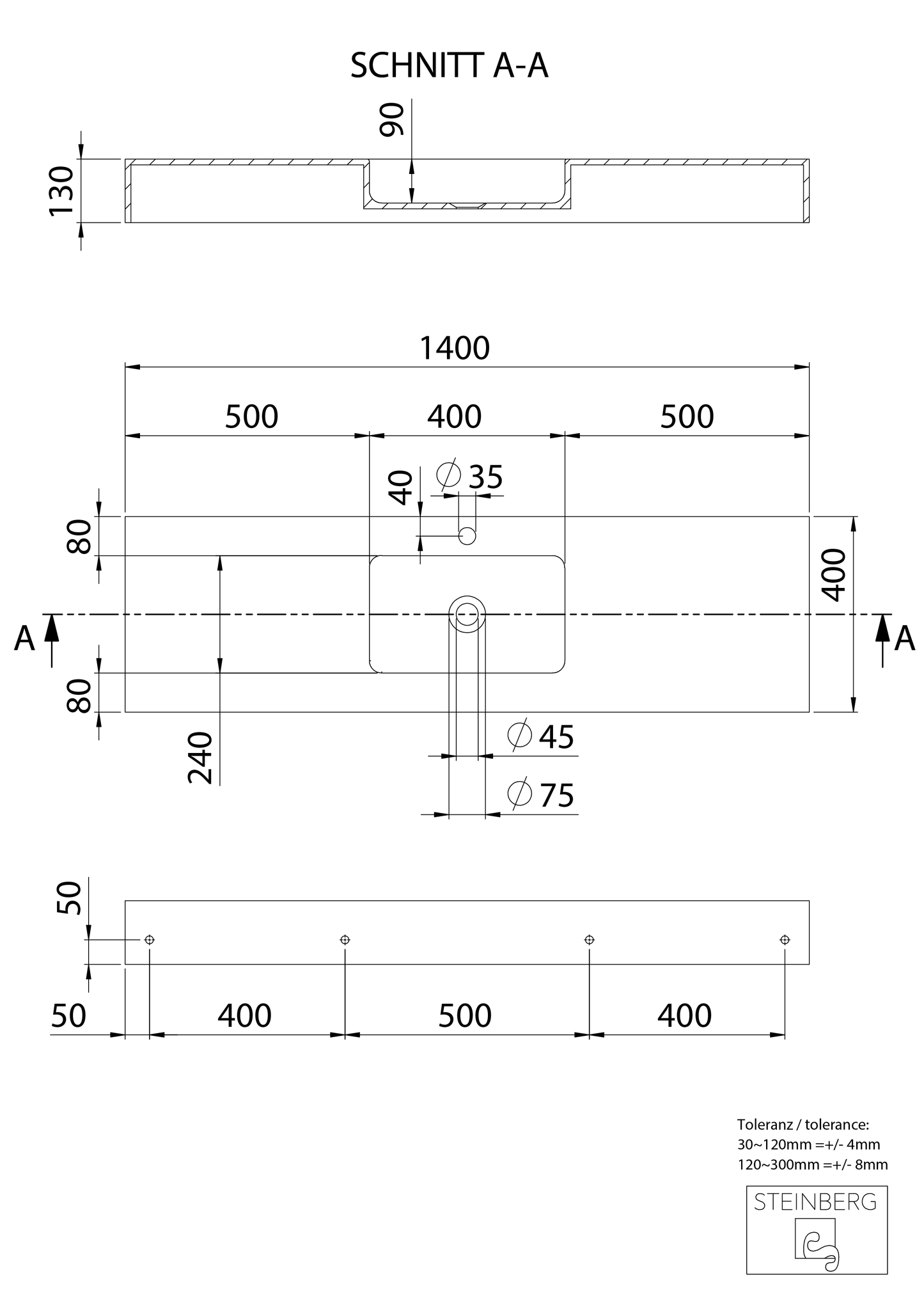 Steinberg Serie 444 - Wandwaschtisch - aus Solid Surface - weiß