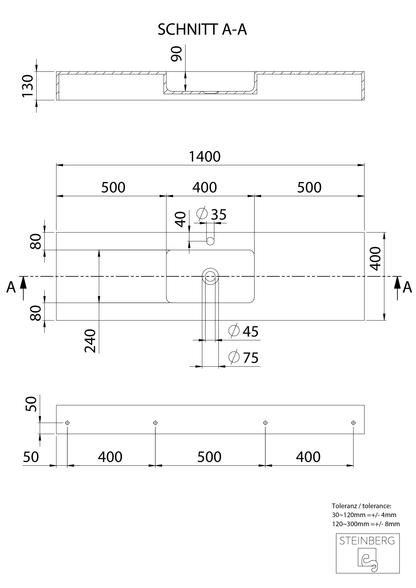 Steinberg Serie 444 - Wandwaschtisch - aus Solid Surface - weiß