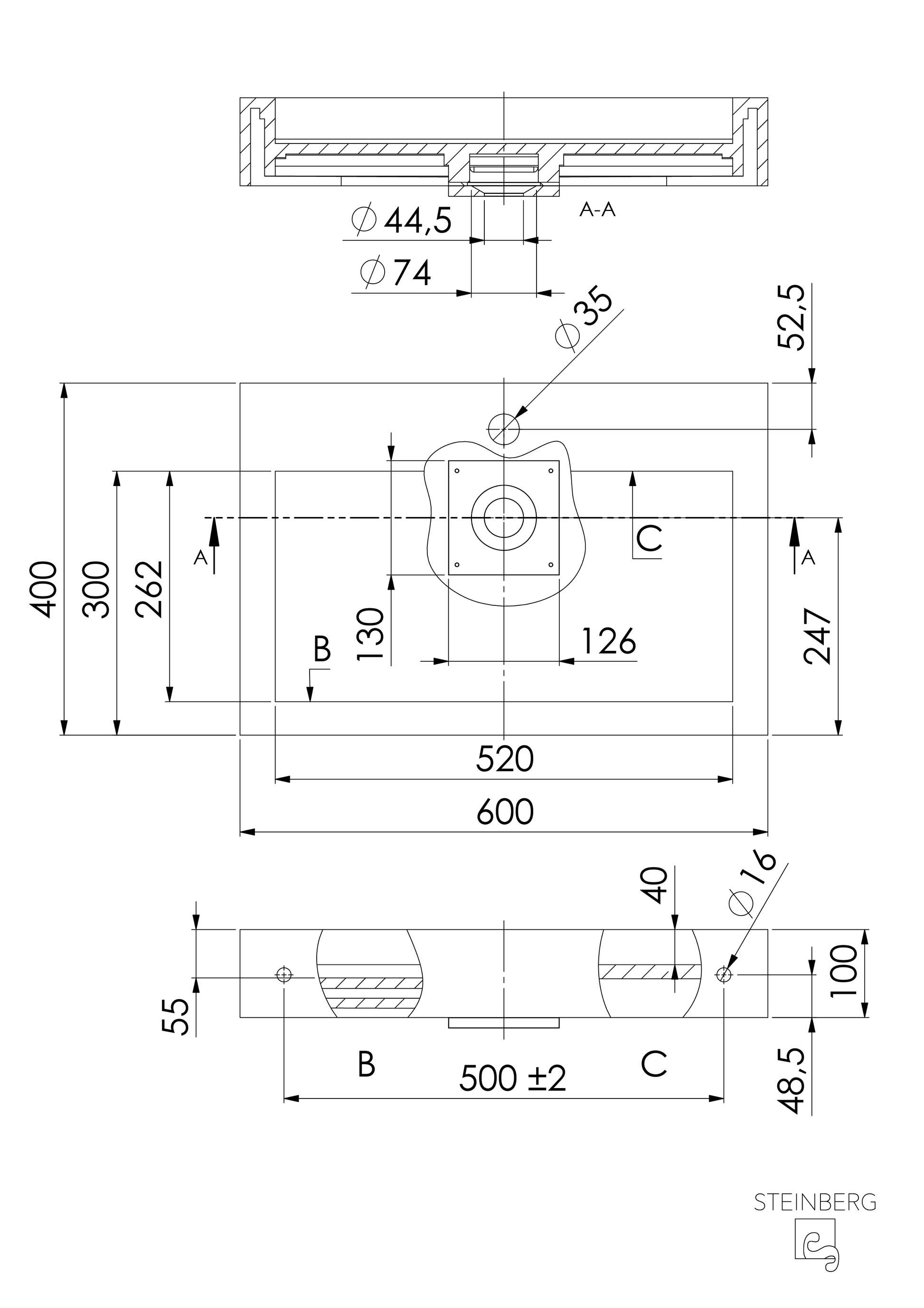 Steinberg Serie 444 - Wandwaschtisch rechteckig - aus Solid Surface - weiß