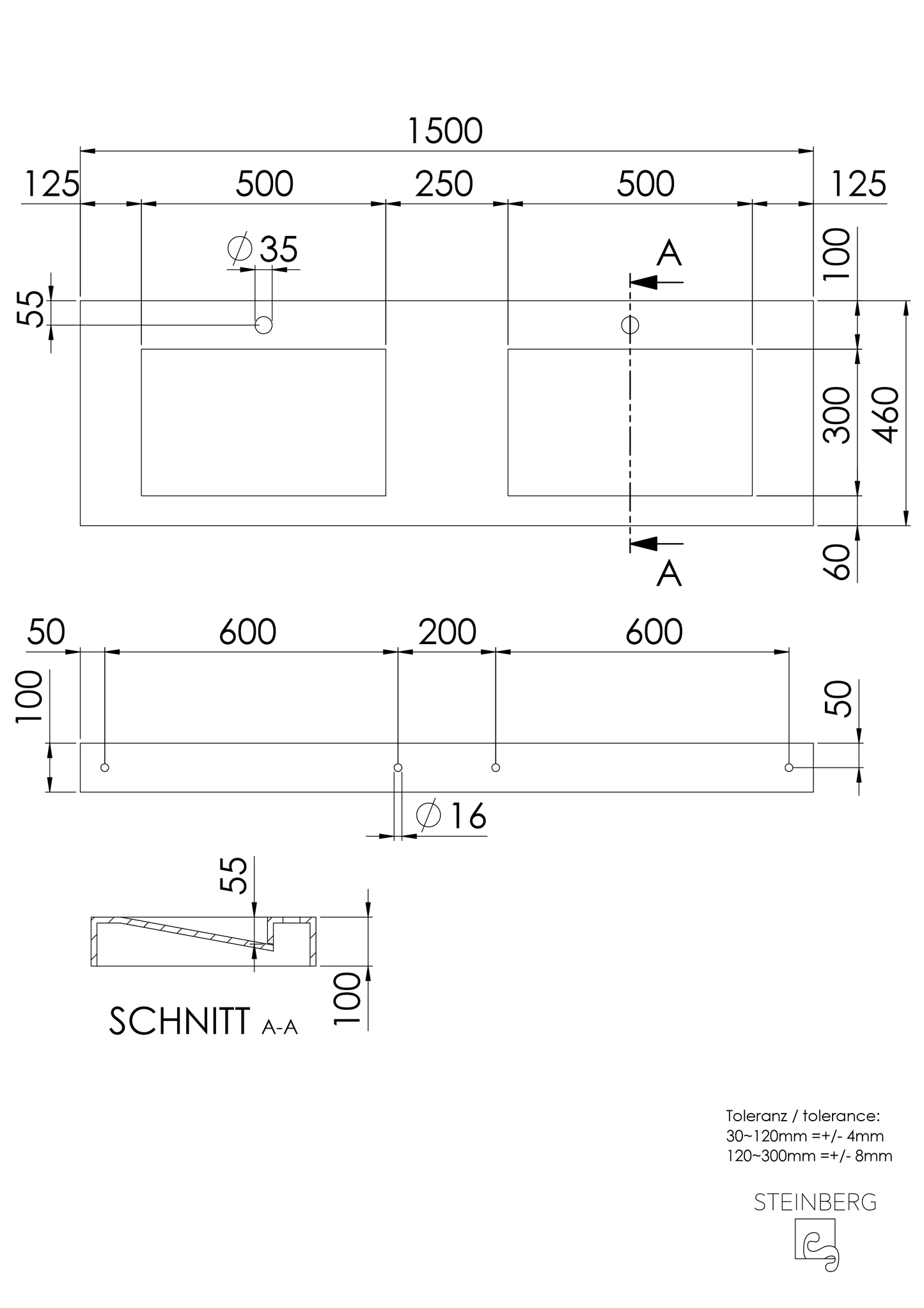 Steinberg Serie 444 - Doppelwaschtisch - aus Solid Surface - weiß