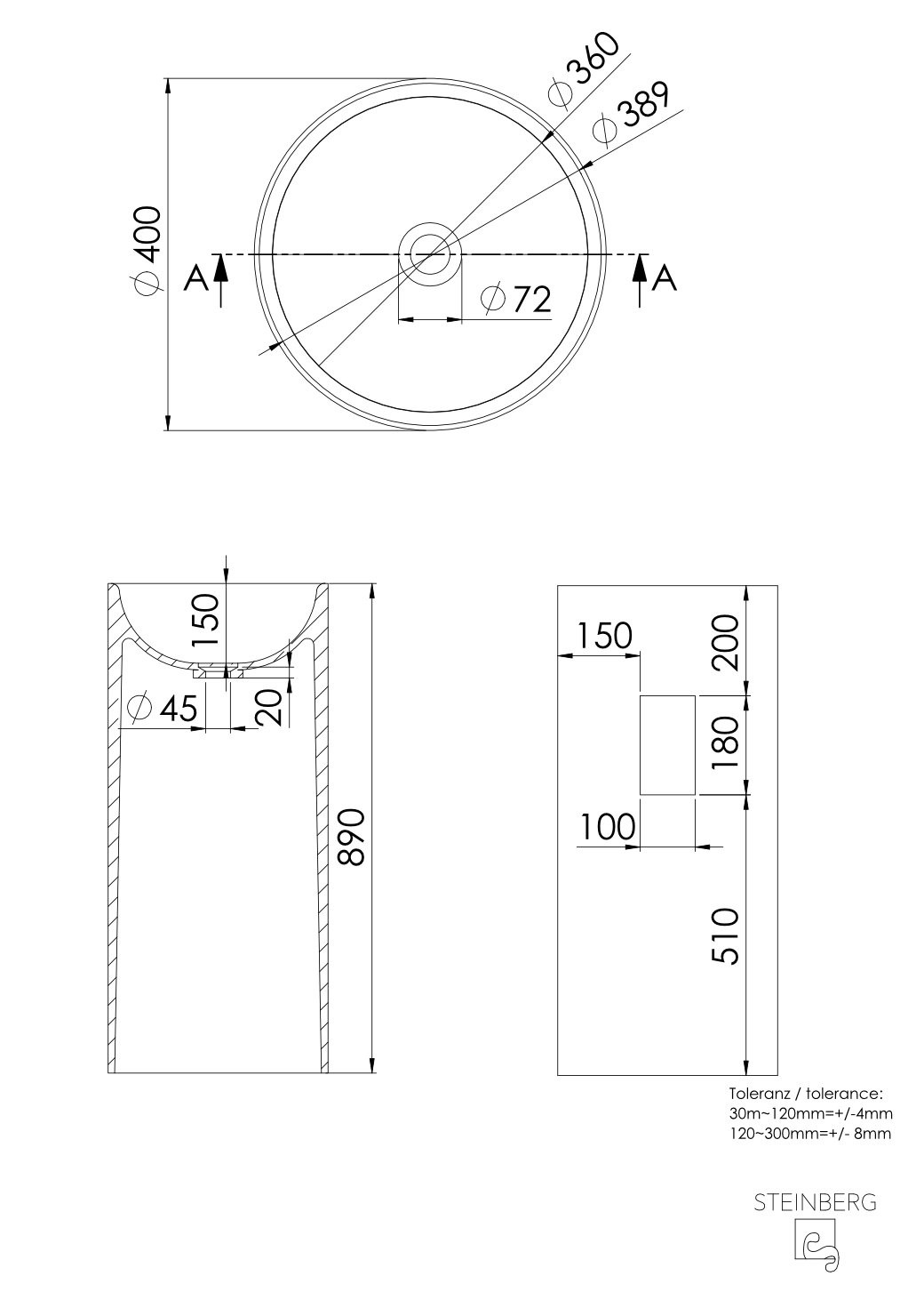 Steinberg Serie 445 - Standwaschtisch - aus Solid Surface - weiß