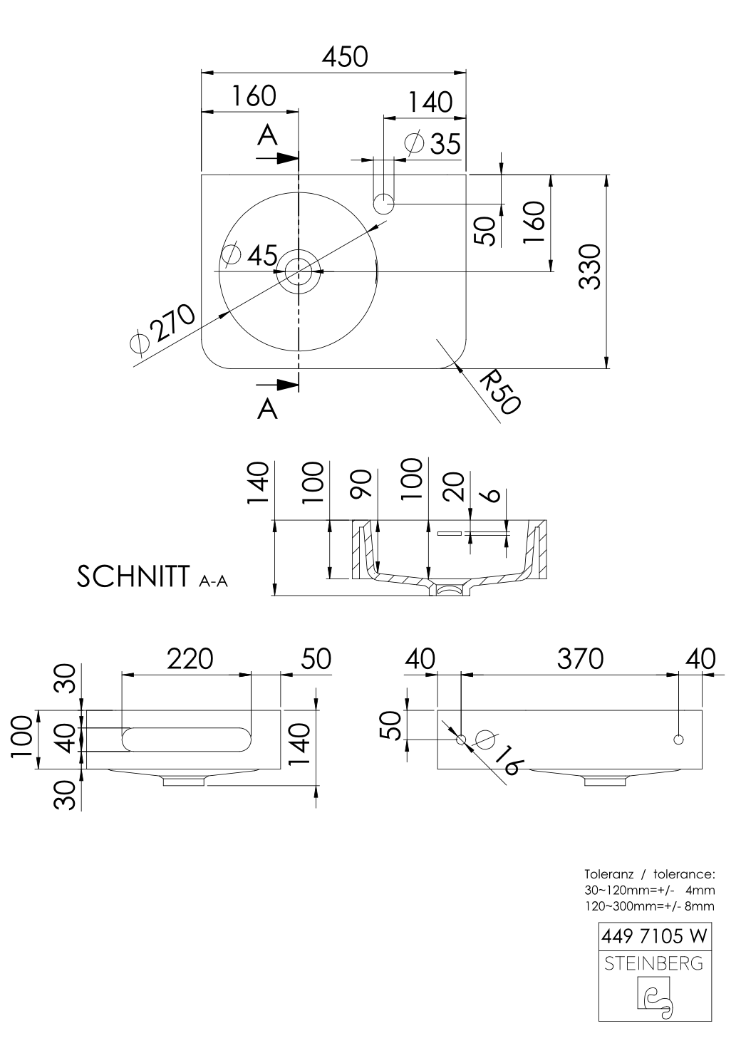 Steinberg Serie 449 - Handwaschbecken - aus Solid Surface - weiß