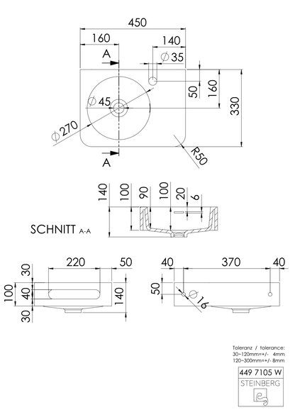 Steinberg Serie 449 - Handwaschbecken - aus Solid Surface - weiß