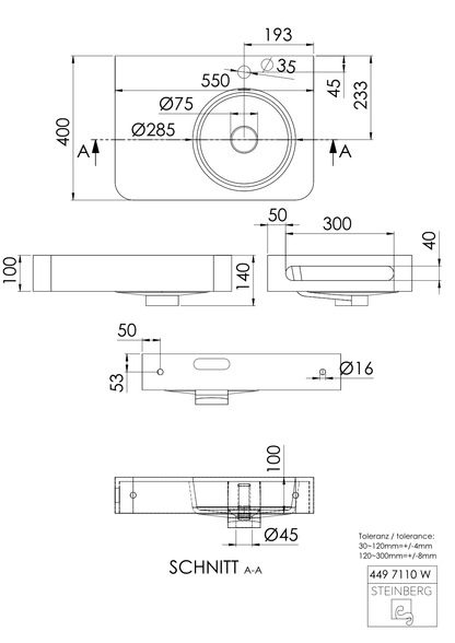 Steinberg Serie 449 - Wandwaschtisch - aus Solid Surface - weiß