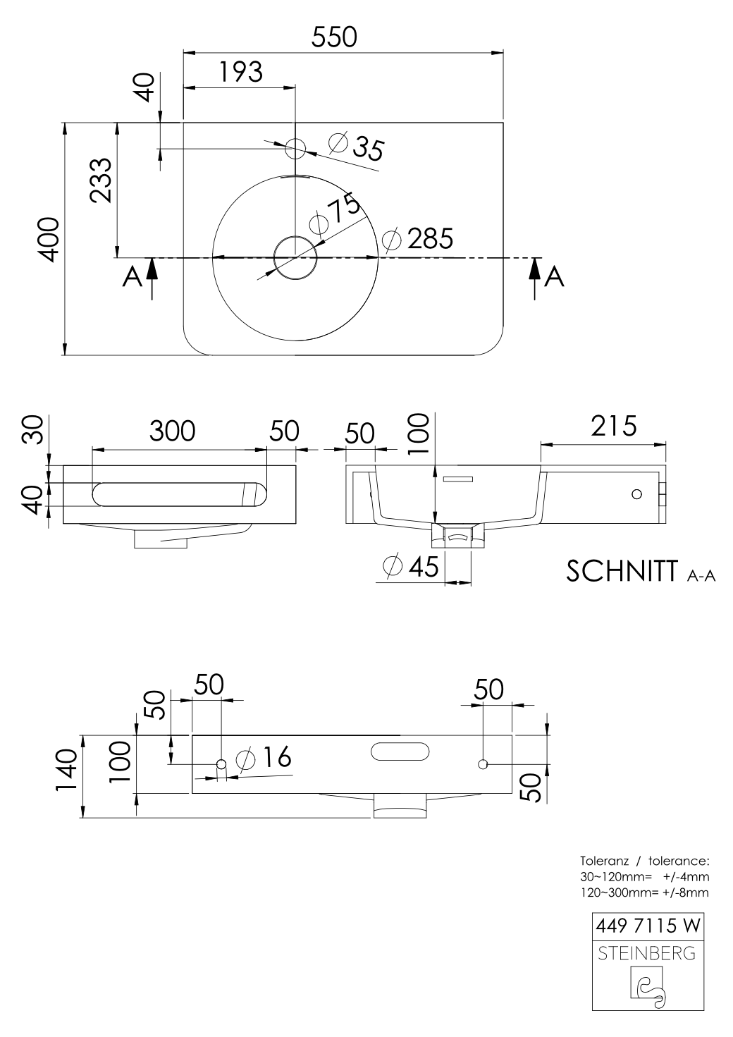 Steinberg Serie 449 - Wandwaschtisch - aus Solid Surface - weiß