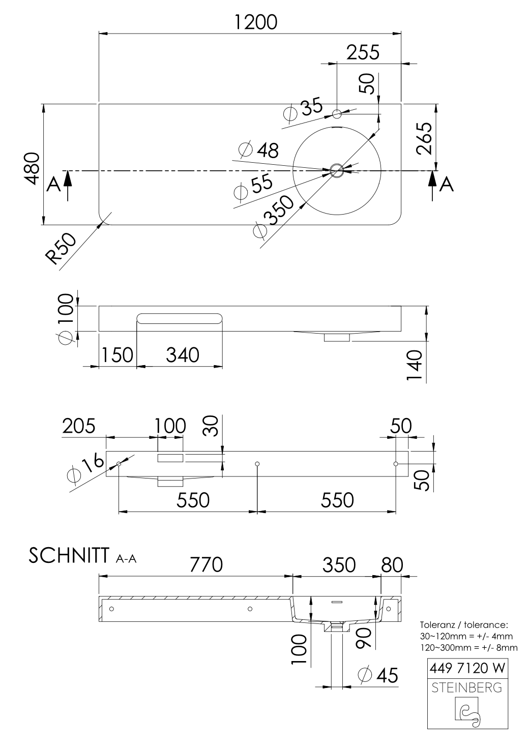 Steinberg Serie 449 - Wandwaschtisch - aus Solid Surface - weiß