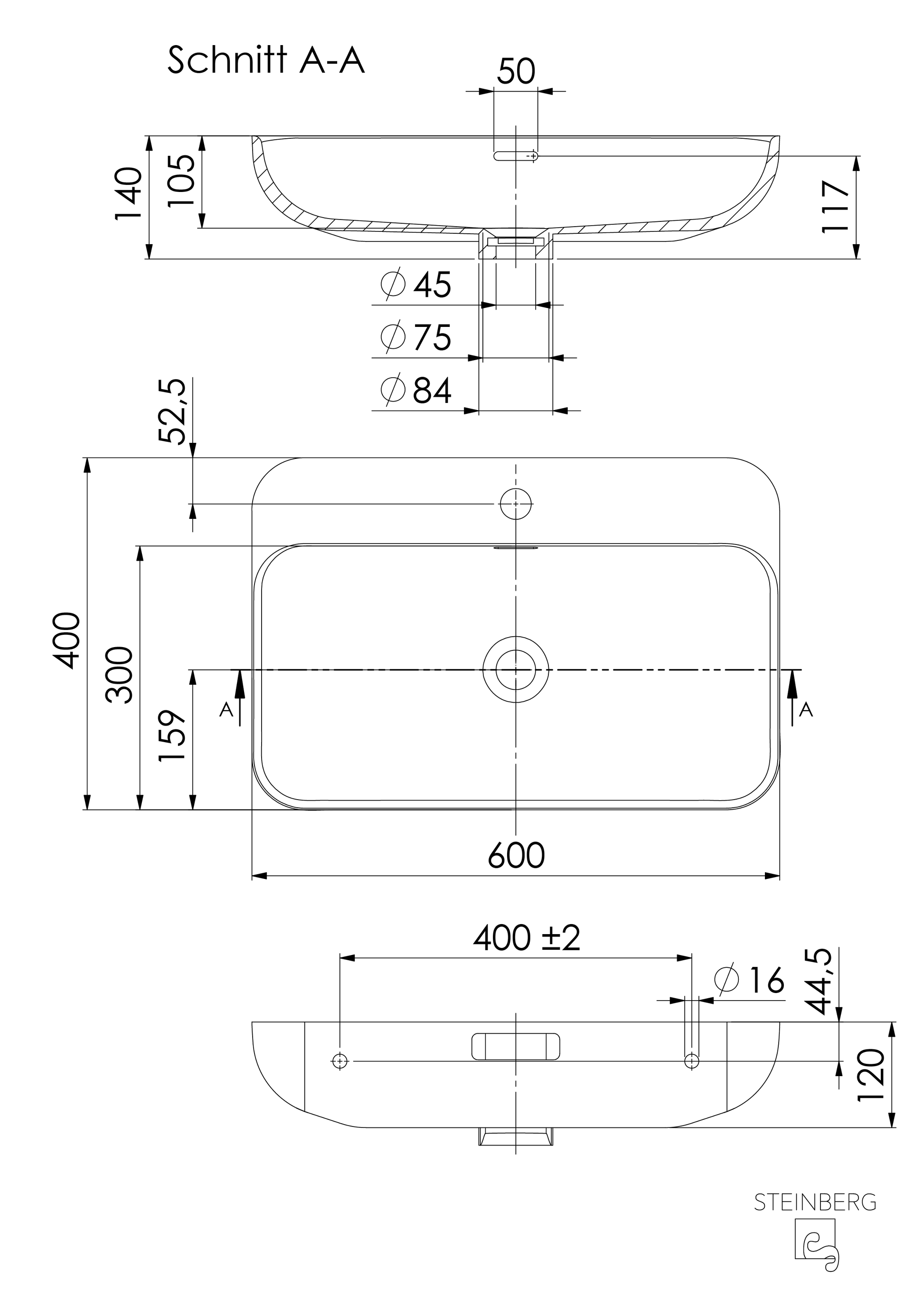 Steinberg Serie 449 - Wandwaschtisch - aus Solid Surface - schwarz