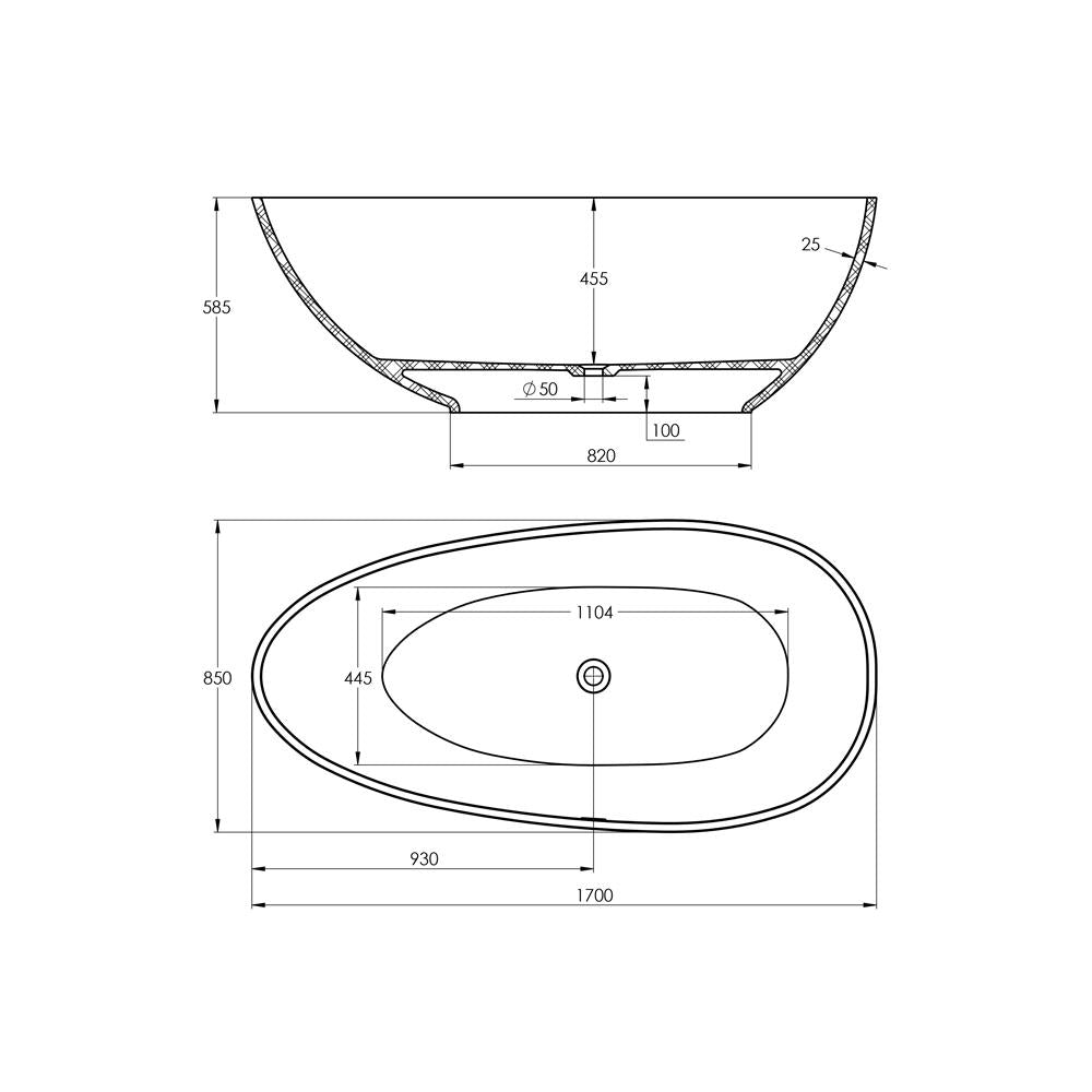 Freistehende Badewanne - aus Mineralguss - Treos Serie 703 -  Schwarz/Weiss glänzend