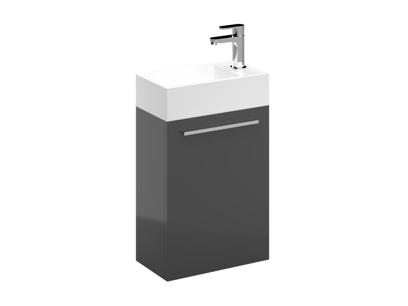 Kleines Waschbecken mit Unterschrank - für kleines Gäste WC – 39,5cm breit – Becken aus Mineralguss - Treos Serie 900 - Graphit Grau Lack