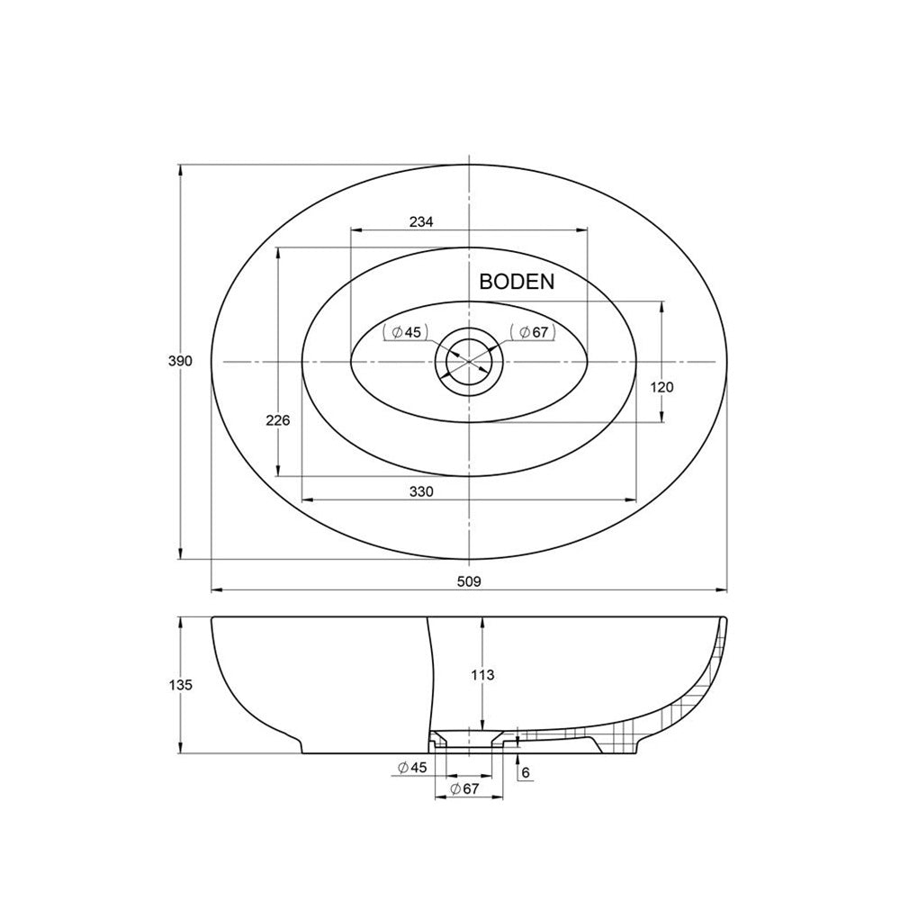 Aufsatzwaschbecken - Oval - aus Keramik  - 51cm Breite - Treos - in Weiß