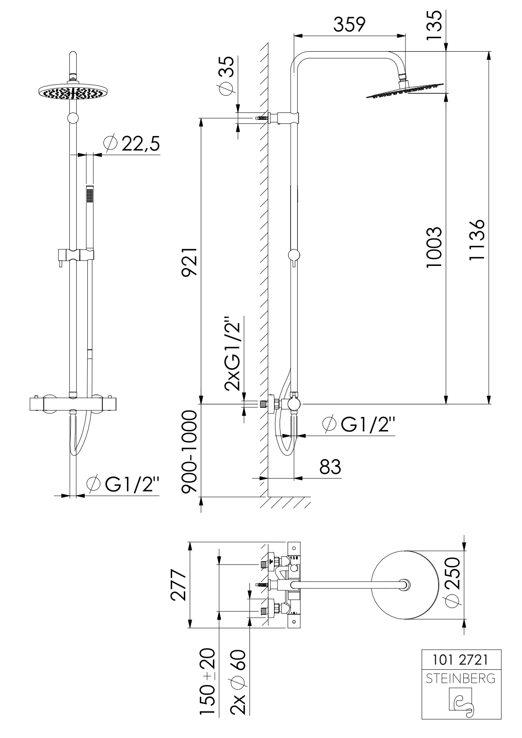 Steinberg Duschsystem mit Thermostat, Showersystem, Serie 101, chrom