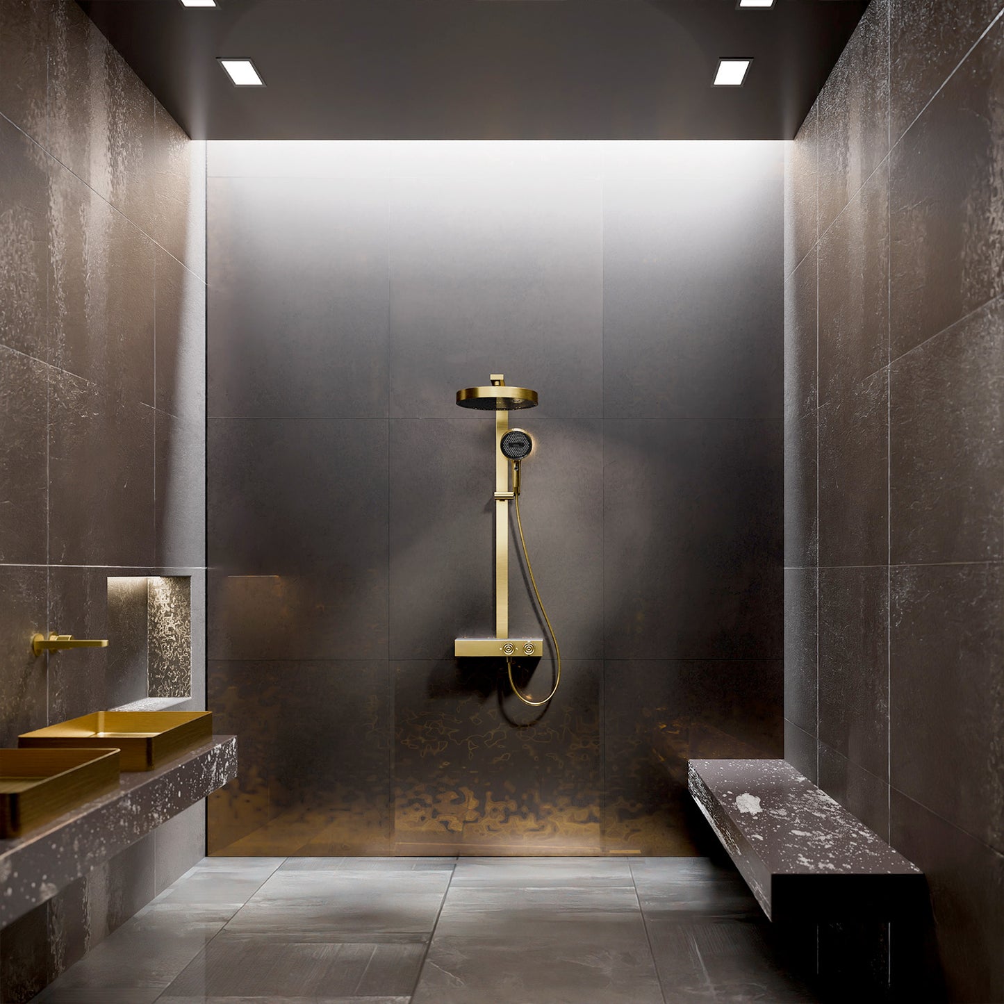 Steinberg shower set with glass shelf, thermostat with rotary knobs, Rain Shower and rod shower, Brushed Gold