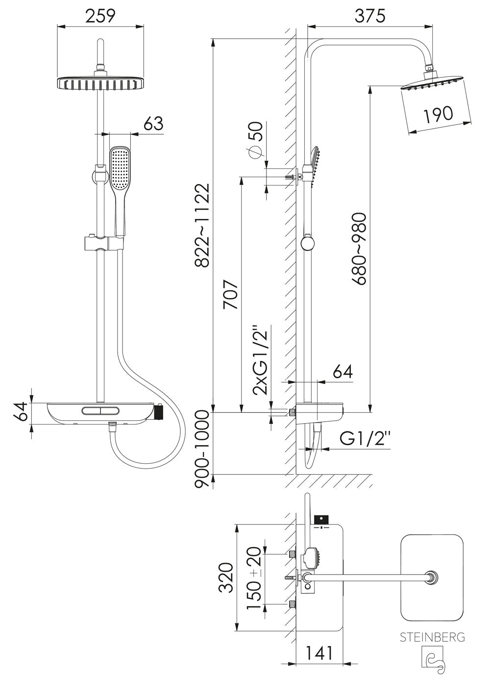 Steinberg Duschsystem mit Glasablage, mit Thermostat, Regenbrause und Stabhandbrause, chrom