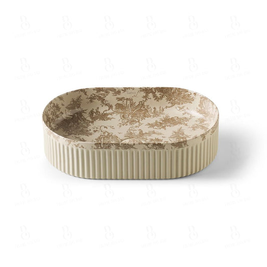 1Bathco Wadi Oval Toile De Jouy Beige - Aufsatzwaschbecken 500 X 320 120 Mm Aufsatzwaschtisch