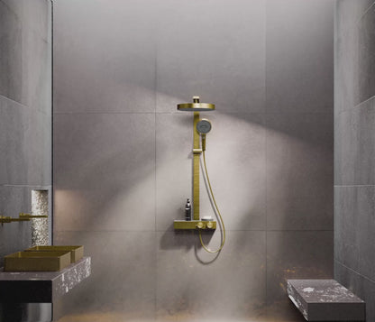 Steinberg shower system with a glass shelf, thermostat with rotary knobs, rain shower and rod shower, Brushed Gold