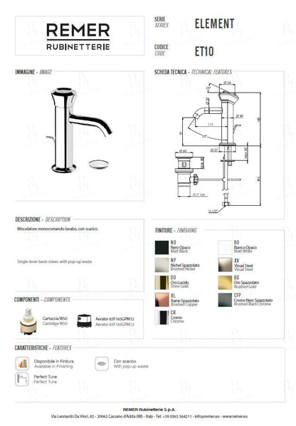 Remer Rub. Waschtisch-Einhebelmischer - Serie Element Ohne Ablaufgarnitur Brushed Gold