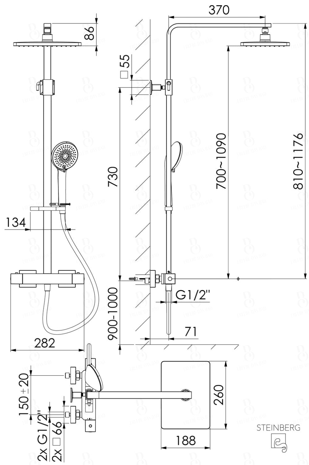 Steinberg Duschsystem Matt Gold Mit Thermostat Regenbrause Eckig Und Stabhandbrause