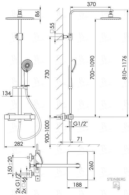 Steinberg Duschsystem Matt Gold Mit Thermostat Regenbrause Eckig Und Stabhandbrause