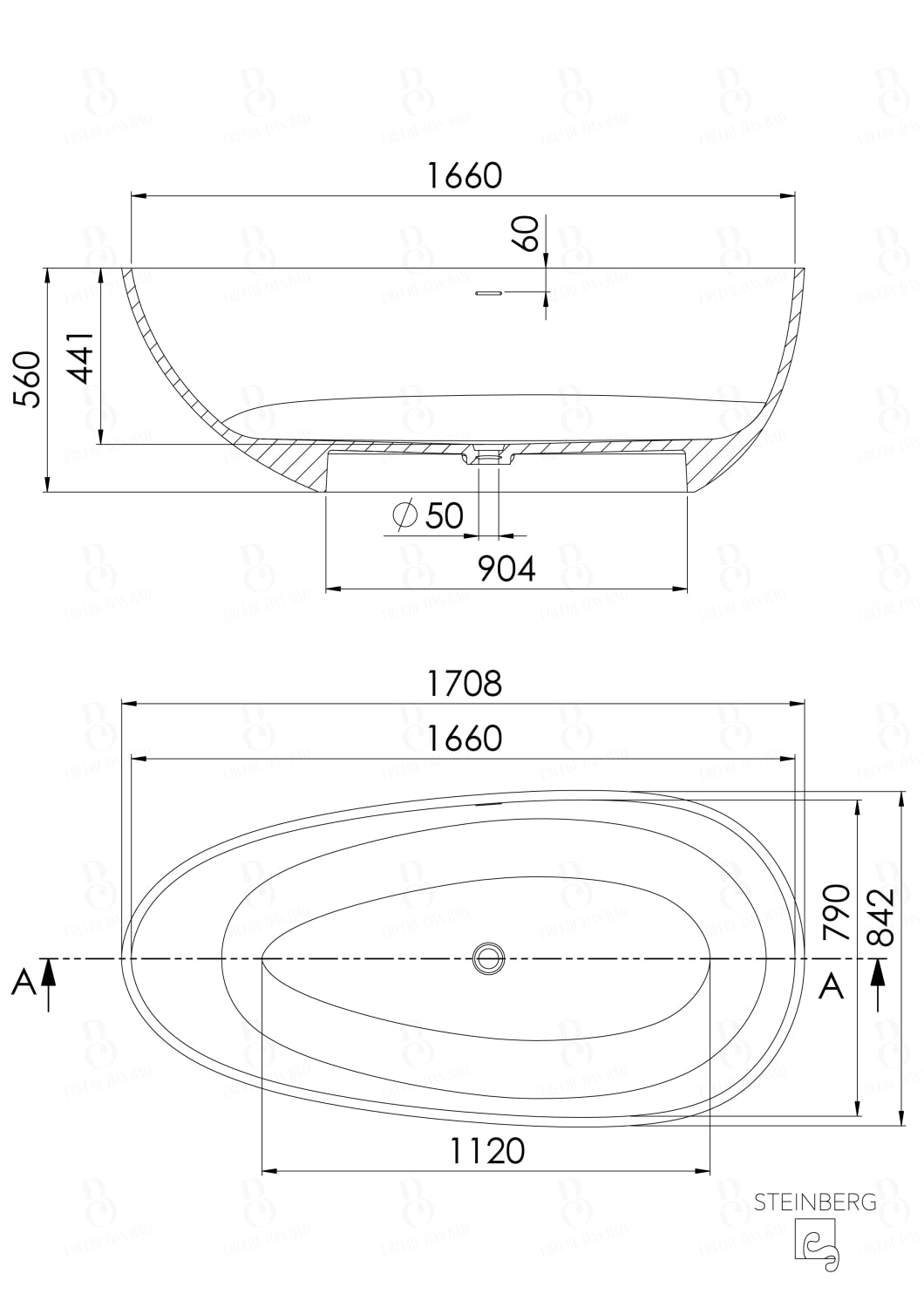 Freistehende Badewanne - Steinberg Serie 540 - aus Solid Surface - Marmor Look