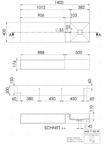 Steinberg Serie 443 - Wandwaschtisch - aus Solid Surface - weiß