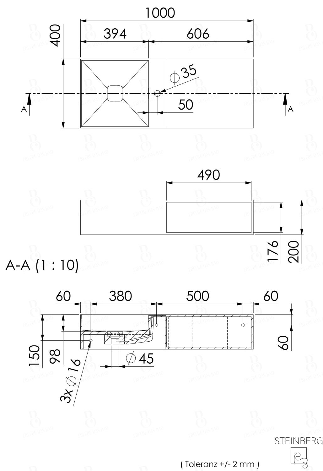 Steinberg Serie 443 - Wandwaschtisch - aus Solid Surface - weiß