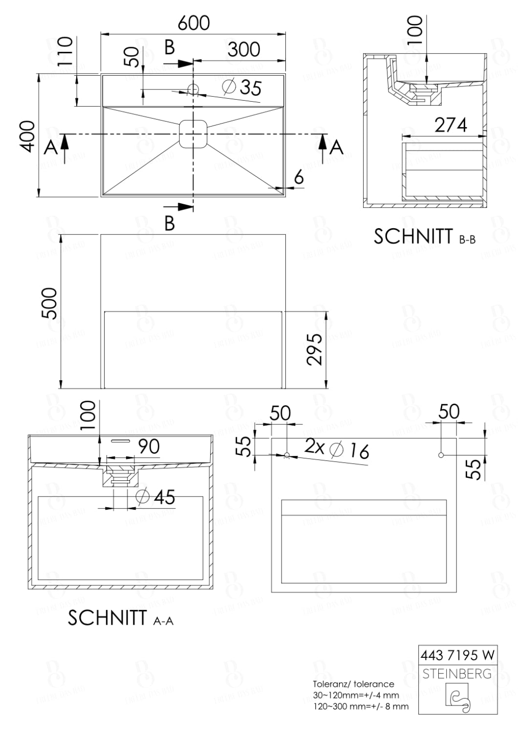 Steinberg Serie 443 - Wandwaschtisch - aus Solid Surface - weiß