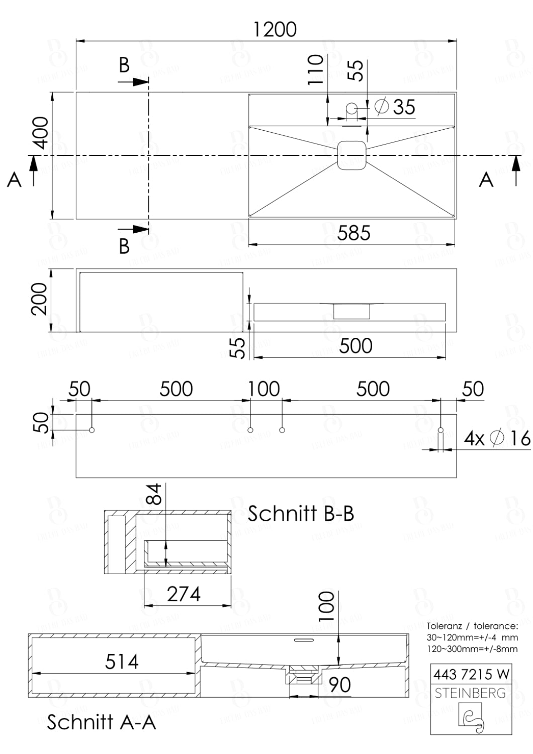 Steinberg Serie 443 - Wandwaschtisch - aus Solid Surface - weiß