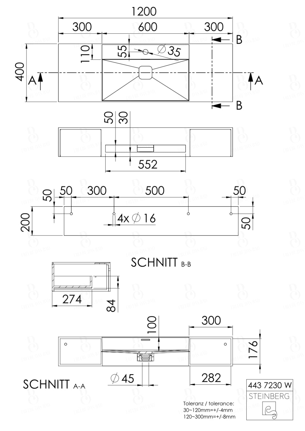 Steinberg Serie 443 - Wandwaschtisch - aus Solid Surface - weiß