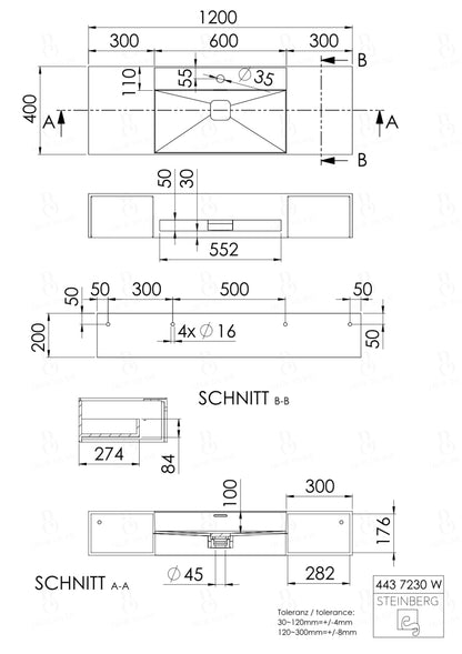 Steinberg Serie 443 - Wandwaschtisch - aus Solid Surface - weiß