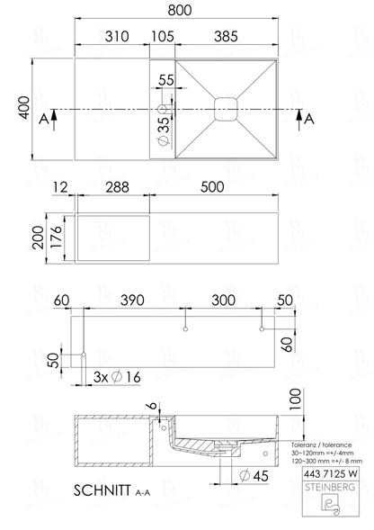 Steinberg Serie 443 - Wandwaschtisch - aus Solid Surface - weiß