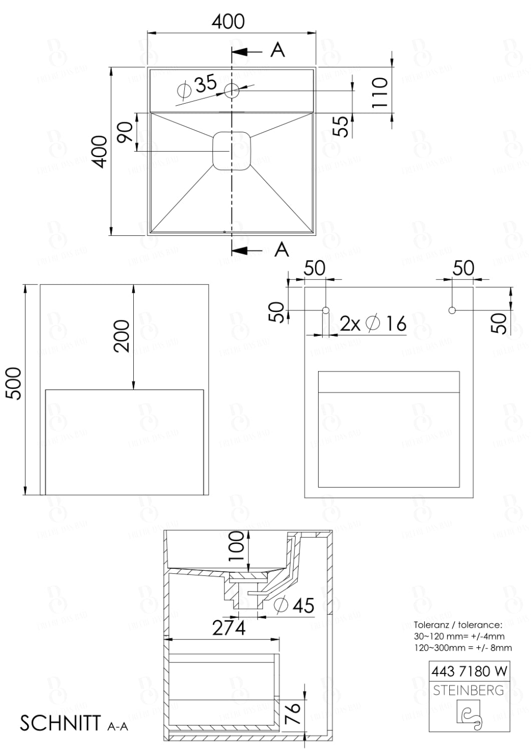 Steinberg Serie 443 - Wandwaschtisch - aus Solid Surface - weiß