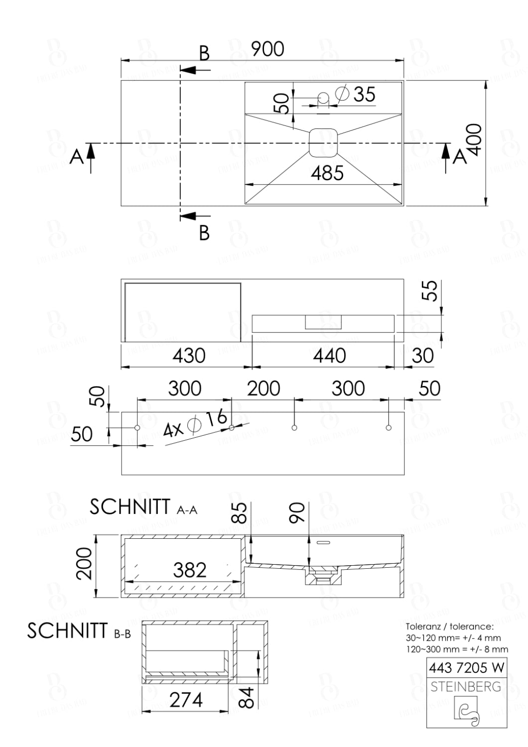 Steinberg Serie 443 - Wandwaschtisch - aus Solid Surface - weiß