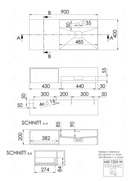 Steinberg Serie 443 - Wandwaschtisch - aus Solid Surface - weiß