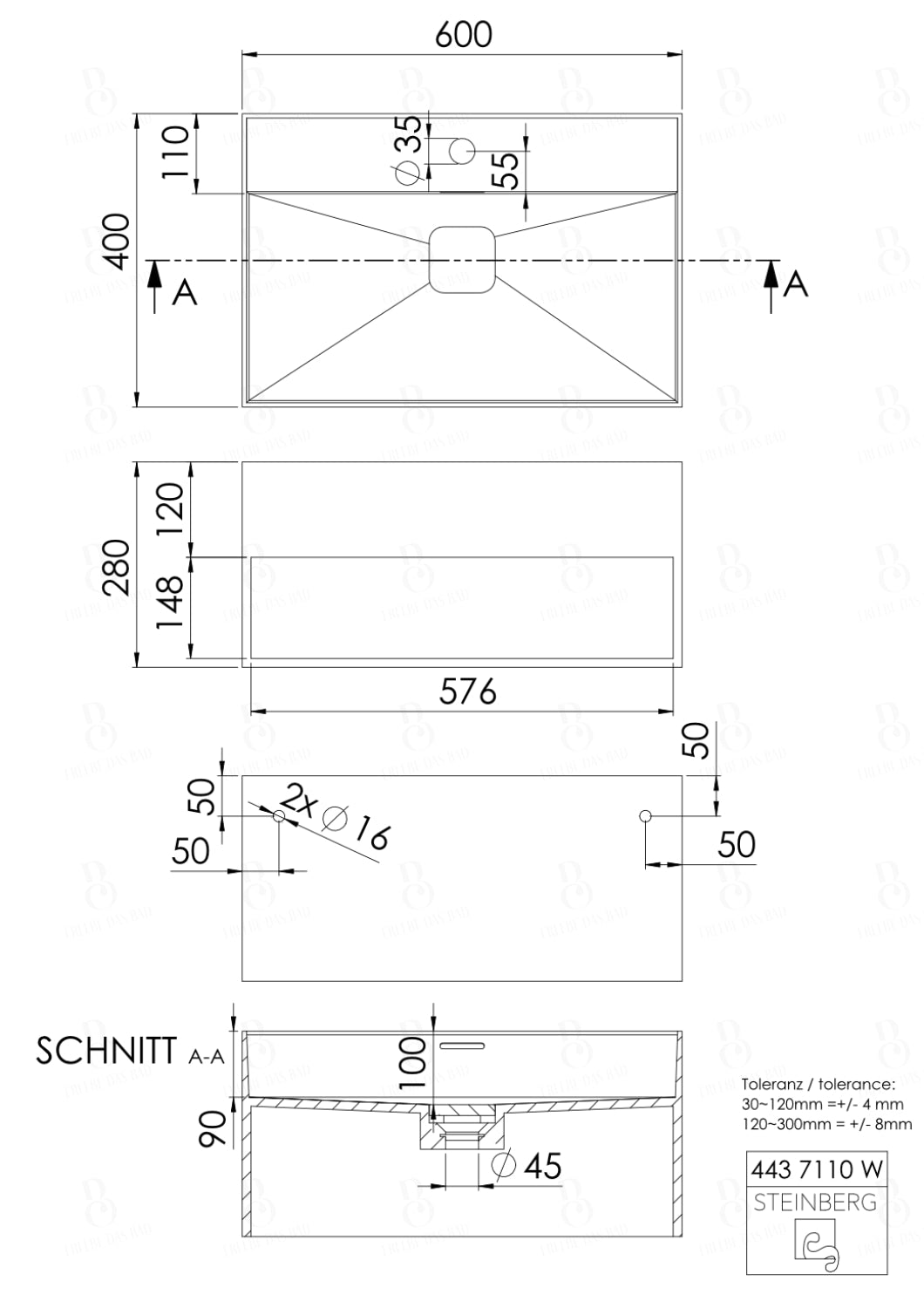 Steinberg Serie 443 - Wandwaschtisch - aus Solid Surface - weiß