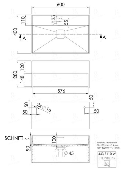 Steinberg Serie 443 - Wandwaschtisch - aus Solid Surface - weiß