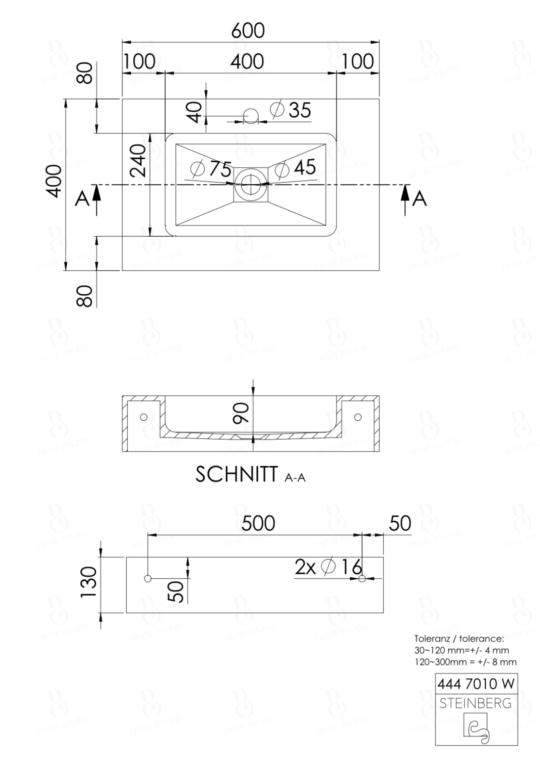 Steinberg Serie 444 - Wandwaschtisch - aus Solid Surface - weiß