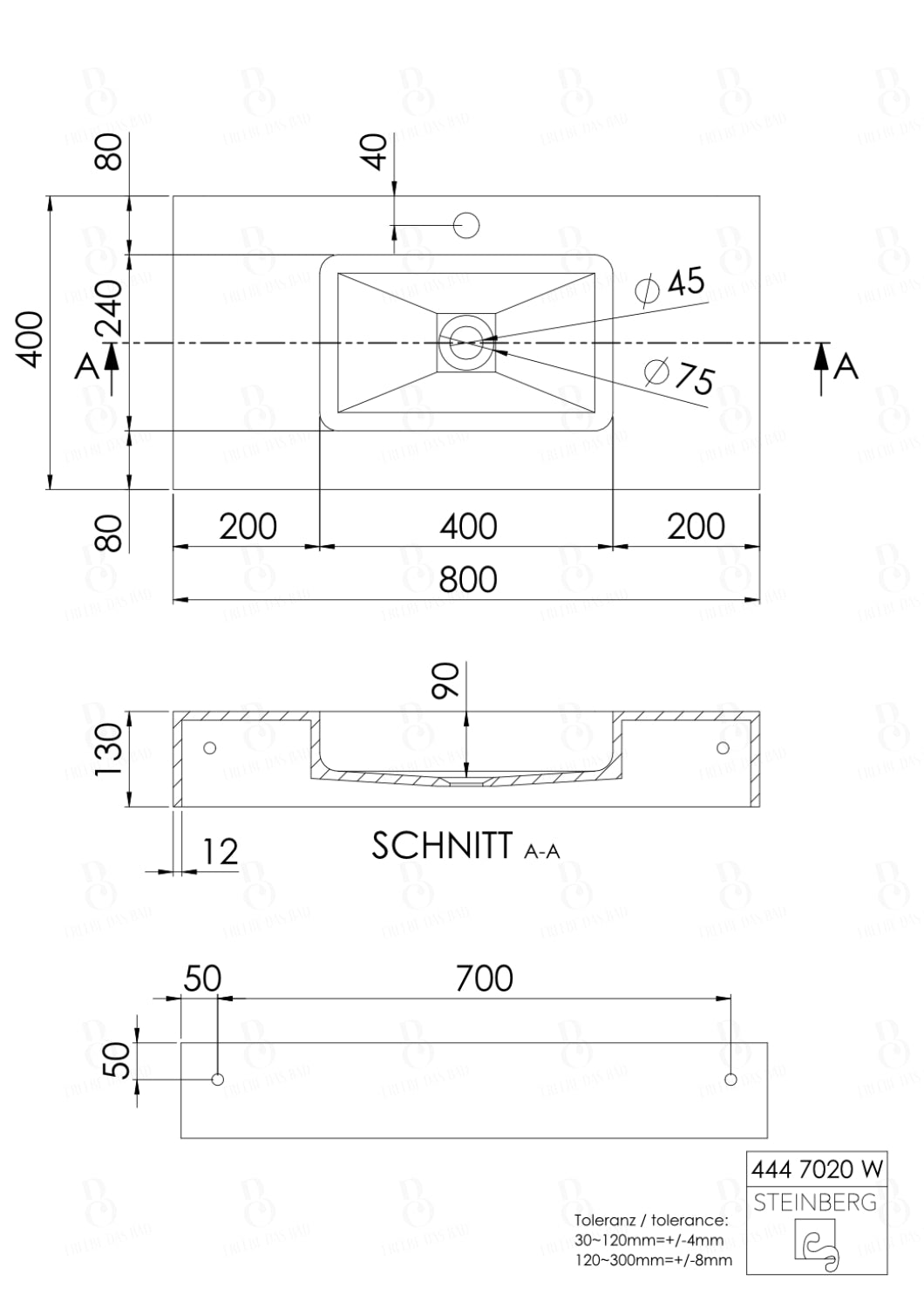 Steinberg Serie 444 - Wandwaschtisch - aus Solid Surface - weiß